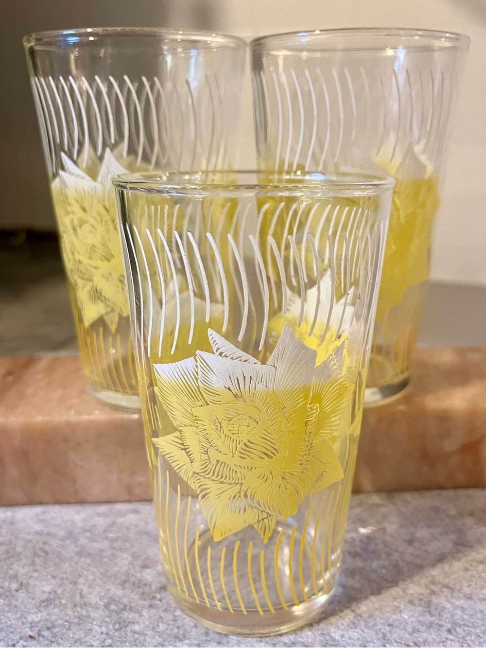 Vintage Anchor Hocking Yellow Roses Drinking Glass (3) 11oz